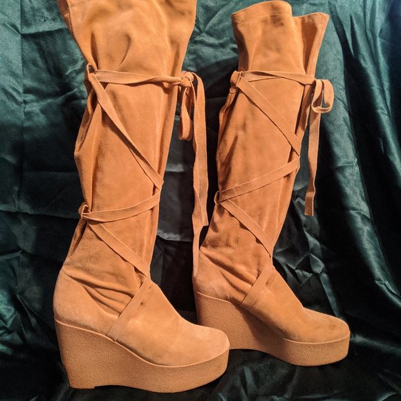 ROBERT CLERGERIE Paris Tall Suede Wedge Tie Boots - Picture 1 of 11